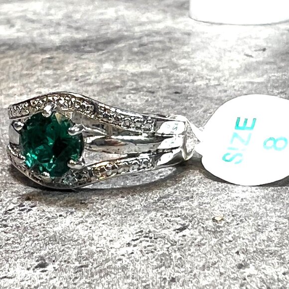 Ring Bomb Party Ring, size 7, green stone silver color band CZ looking mini acce - Picture 5 of 5
